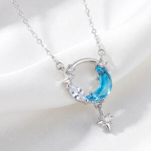 Dây chuyền bạc nữ hình mặt trăng và ngôi sao, trang sức bạc phong cách Hàn Quốc đính đá lấp lánh