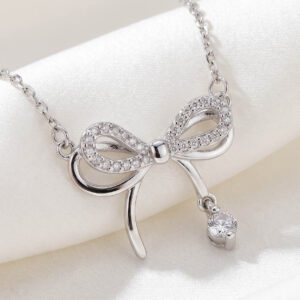 Dây chuyền bạc hình nơ kép đính đá lấp lánh, nữ trang phong cách Hàn Quốc duyên dáng