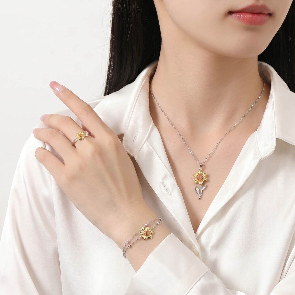 Nữ trang bạc phong cách Hàn Quốc, trang sức nữ gắn hình hoa hướng dương
