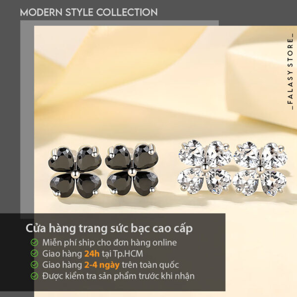 Thiết kế Khuyên tai bạc cao cấp đẹp hình hoa bốn cánh, đính đá cubic zirconia, giúp tôn lên sự quyến rũ và nữ tính