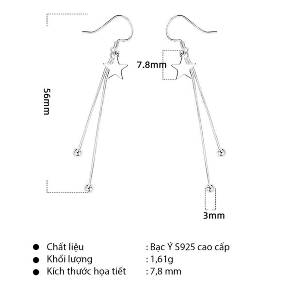 Bông tai đẹp Nữ bạc cao cấp nhẹ nhàng, ngôi sao lấp lánh, dây dài mềm mại, lý tưởng cho cả phong cách hàng ngày và dịp trang trọng