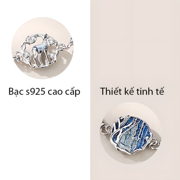 Vòng tay đôi tình yêu bạc với mặt hình con nai và cây cối, dây bện đen/bạc, mang lại phong cách thiên nhiên và sự thanh lịch