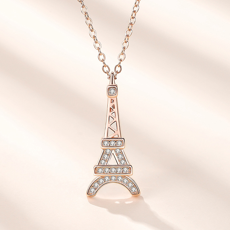 Mặt dây chuyền hình tháp Eiffel bằng bạc, đính đá sang trọng, mang nét lãng mạn và tinh tế, phù hợp với mọi phong cách